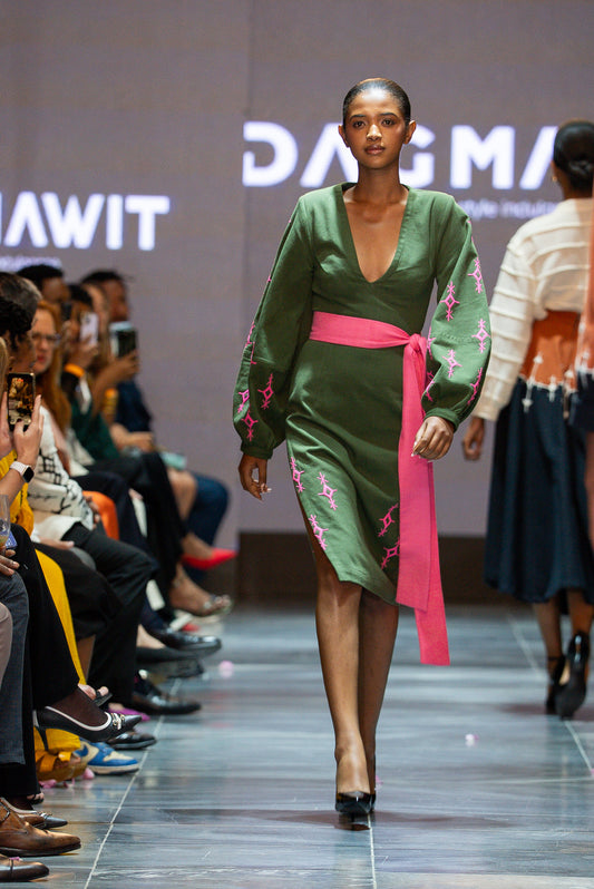 Lulit – Women's Green Embroidered Ethiopian Long Dress with Pink Belt | Custom Colors Available