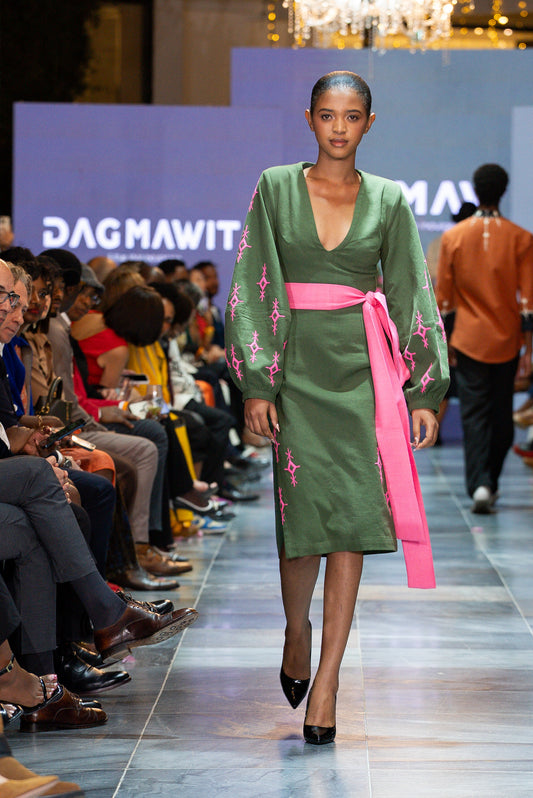Lulit – Women's Green Embroidered Ethiopian Long Dress with Pink Belt | Custom Colors Available