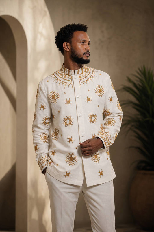 Men’s Full-Sleeve Top with Gold Embroidery – Timeless Elegance | Modern Ethiopian Style