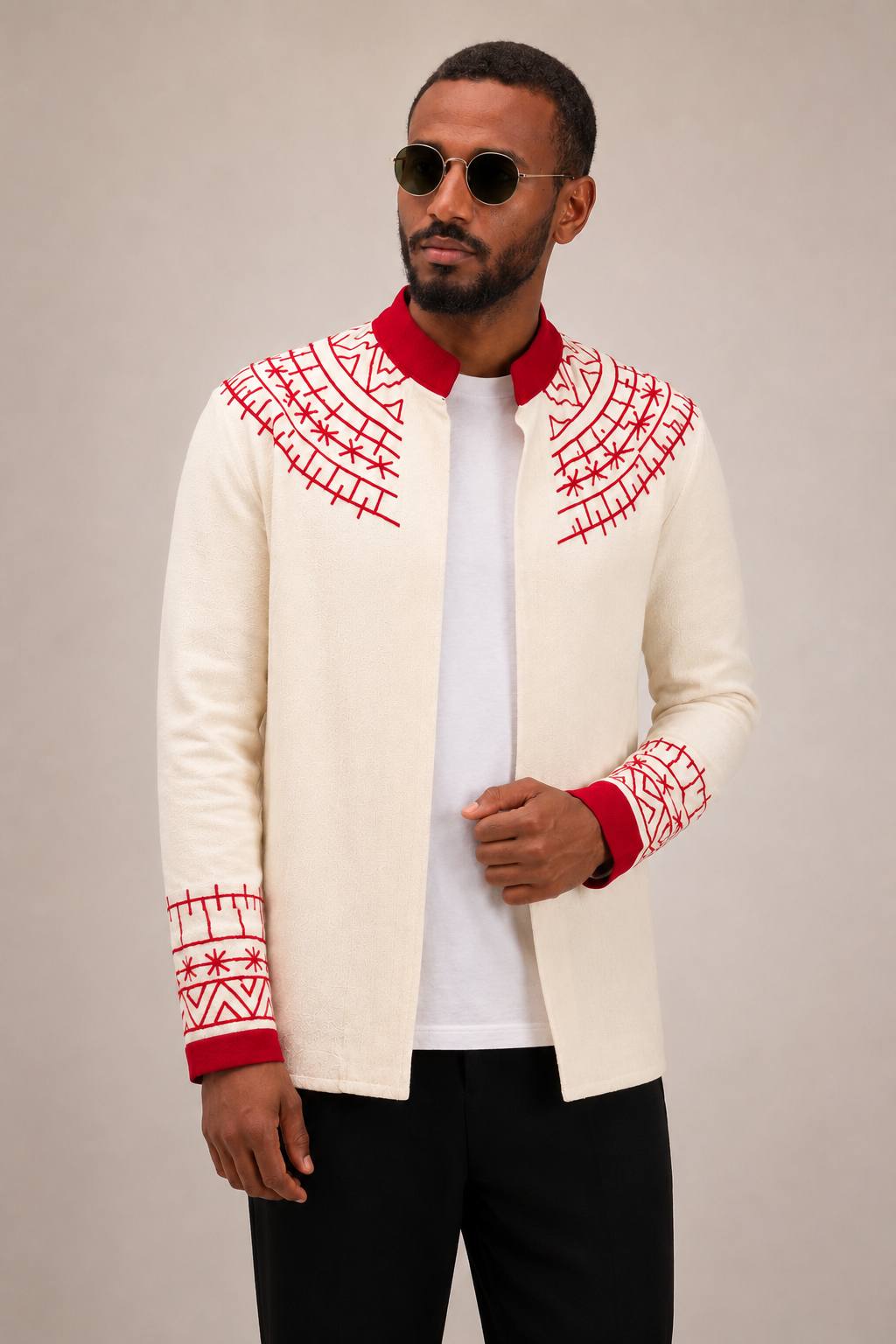 Negus White/Black Embroidered Coat – Timeless Tradition in Red