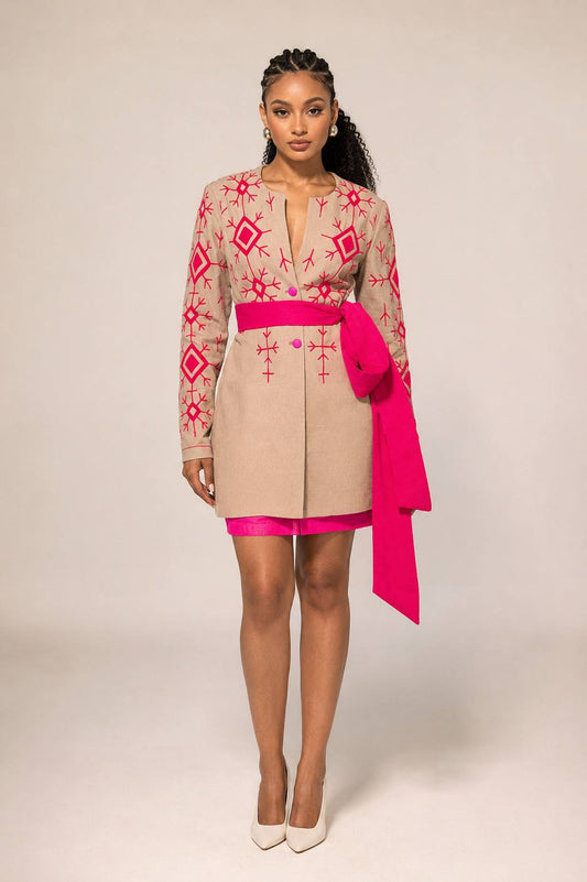 The KEREMELA blazer Dust pink blazer with Ethiopian inspired fuchsia embroidery