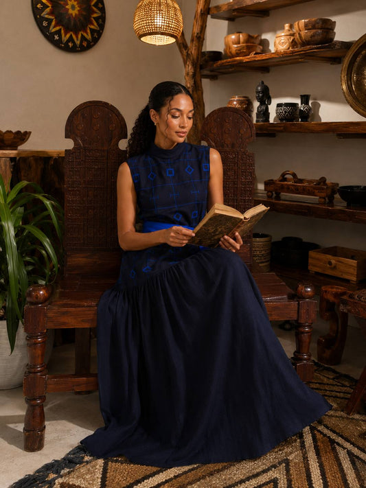 LOGA Full Dress with Blue Embroidered Elegant Dress, Ethiopian cotton, Habesha Kemis