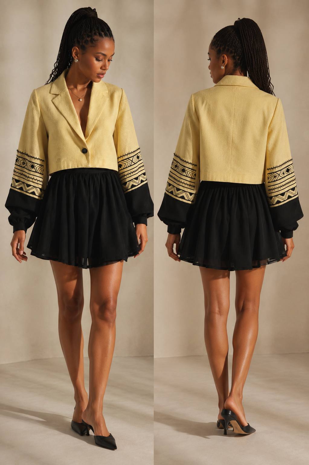 THE WUHA Women’s Yellow Crop Coat with Black Embroidery – Handwoven Ethiopian Elegance