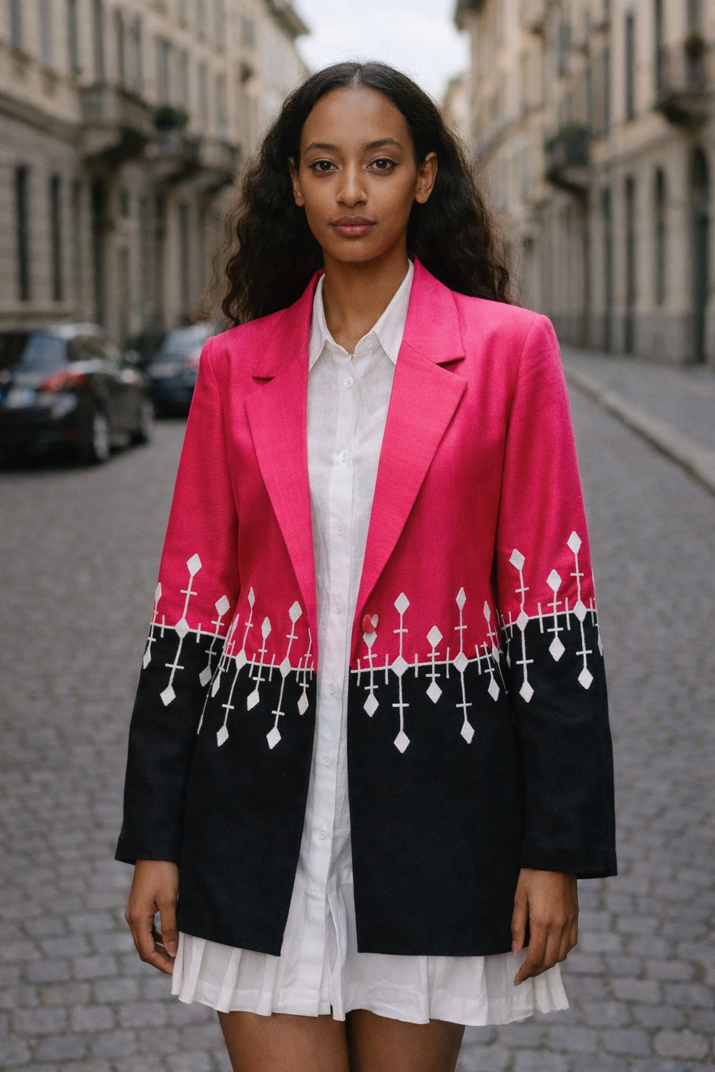 Emebet – Women’s Half Pink & Half Black Embroidered Coat | Ethiopian Fashion Coat &amp; Custom Colors Available