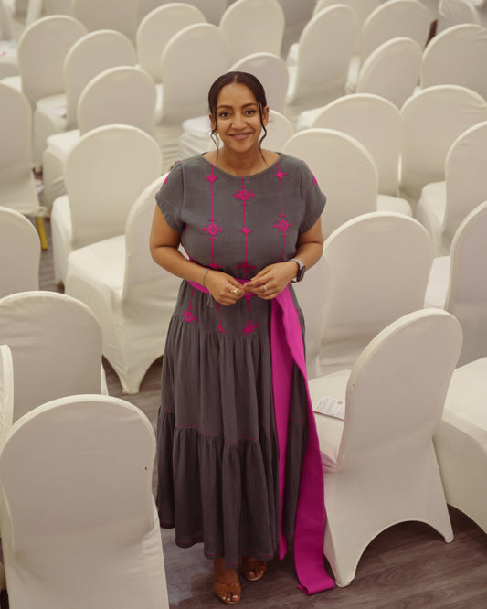 Majestic Grace : Elegant Gray Ethiopian Dress with Regal Purple Embroidery and Belt