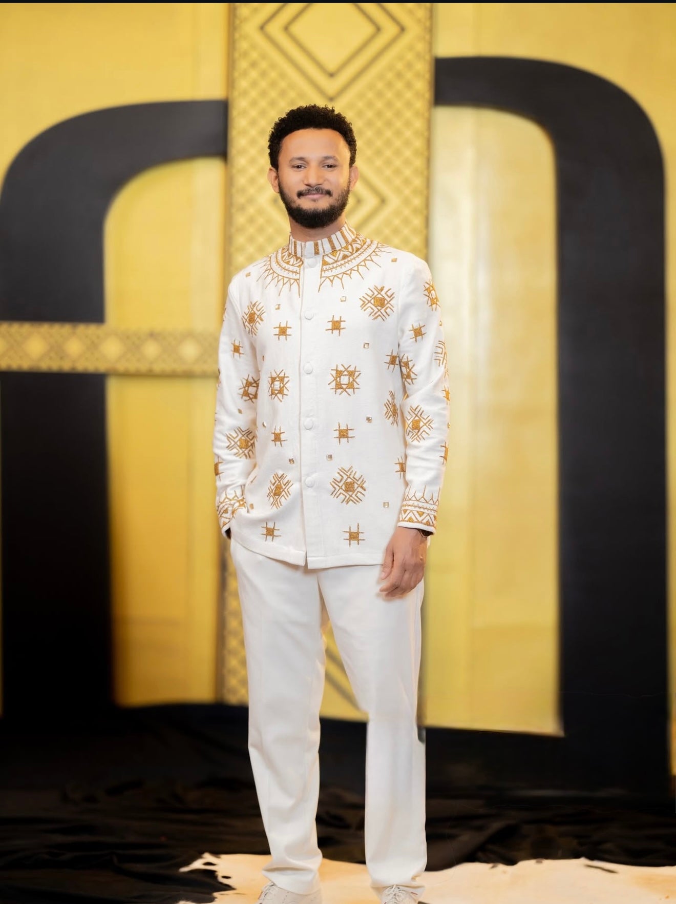 Men’s Full-Sleeve Top with Gold Embroidery – Timeless Elegance | Modern Ethiopian Style