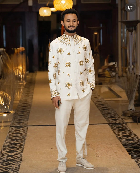 Men’s Full-Sleeve Top with Gold Embroidery – Timeless Elegance | Modern Ethiopian Style