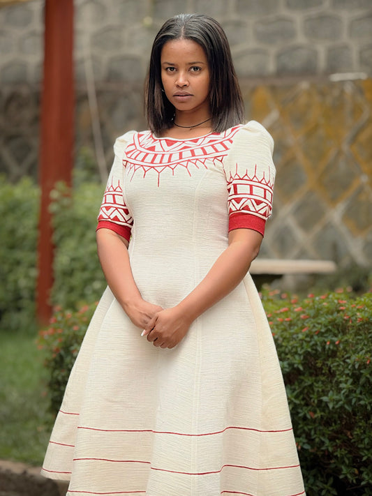 Royal Glow – White Ethiopian Short Dress with Red Circle Neck Embroidery