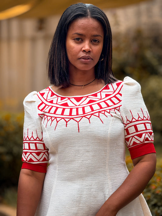 Royal Glow – White Ethiopian Short Dress with Red Circle Neck Embroidery