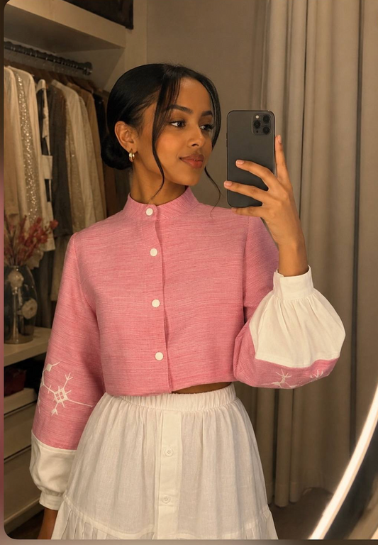 Addis Blossom Embroidery Ethiopian traditional handwoven fabric Crop Top & Skirt Set | Ethiopian Cotton