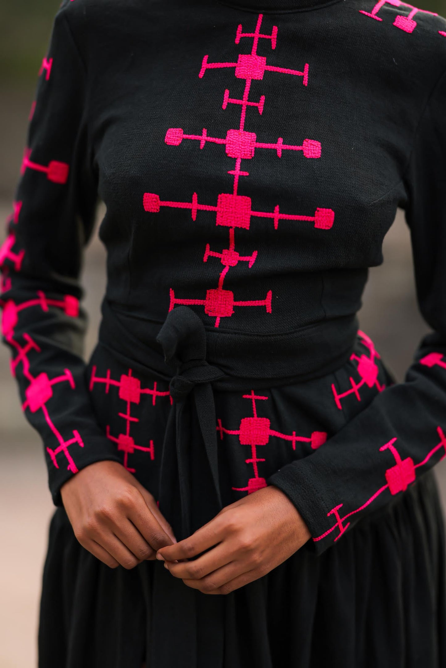 Modern Ethiopian Two-Piece Set – Skirt & Tie-Up Top with Black and Hot Pink Embroidery