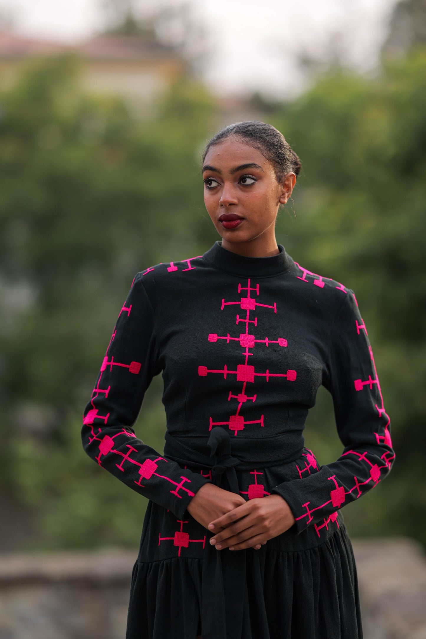 Modern Ethiopian Two-Piece Set – Skirt & Tie-Up Top with Black and Hot Pink Embroidery