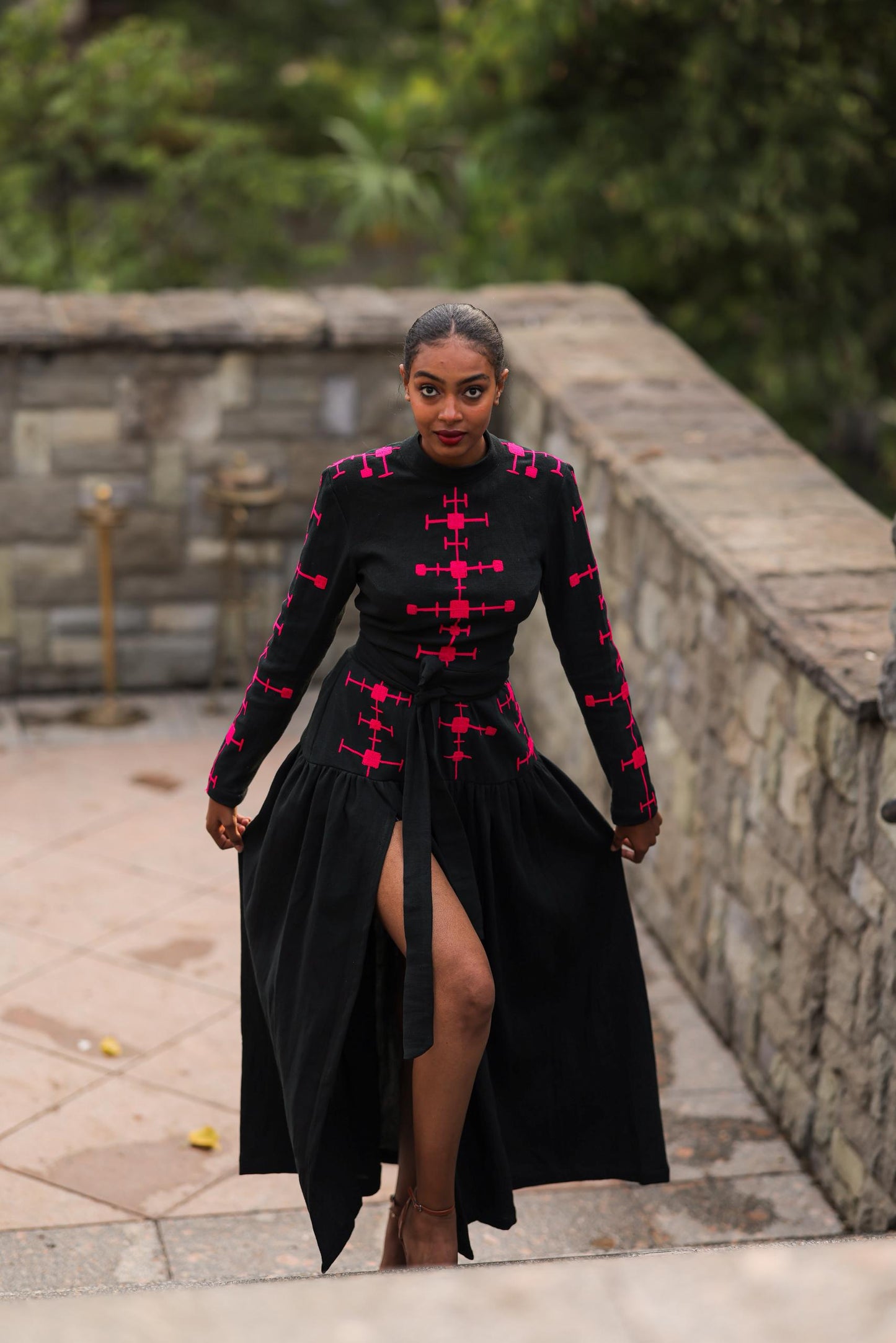 Modern Ethiopian Two-Piece Set – Skirt & Tie-Up Top with Black and Hot Pink Embroidery