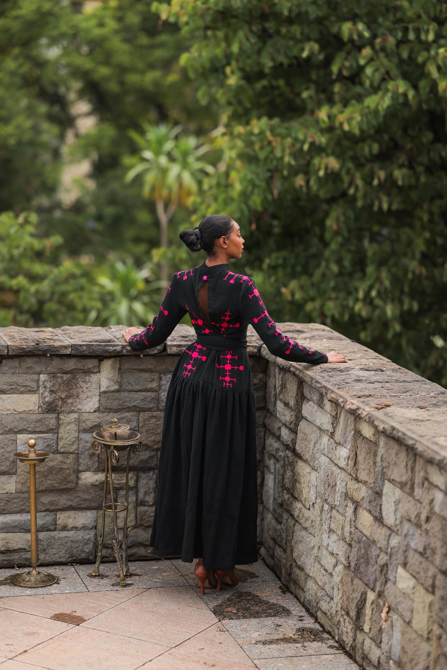 Modern Ethiopian Two-Piece Set – Skirt & Tie-Up Top with Black and Hot Pink Embroidery