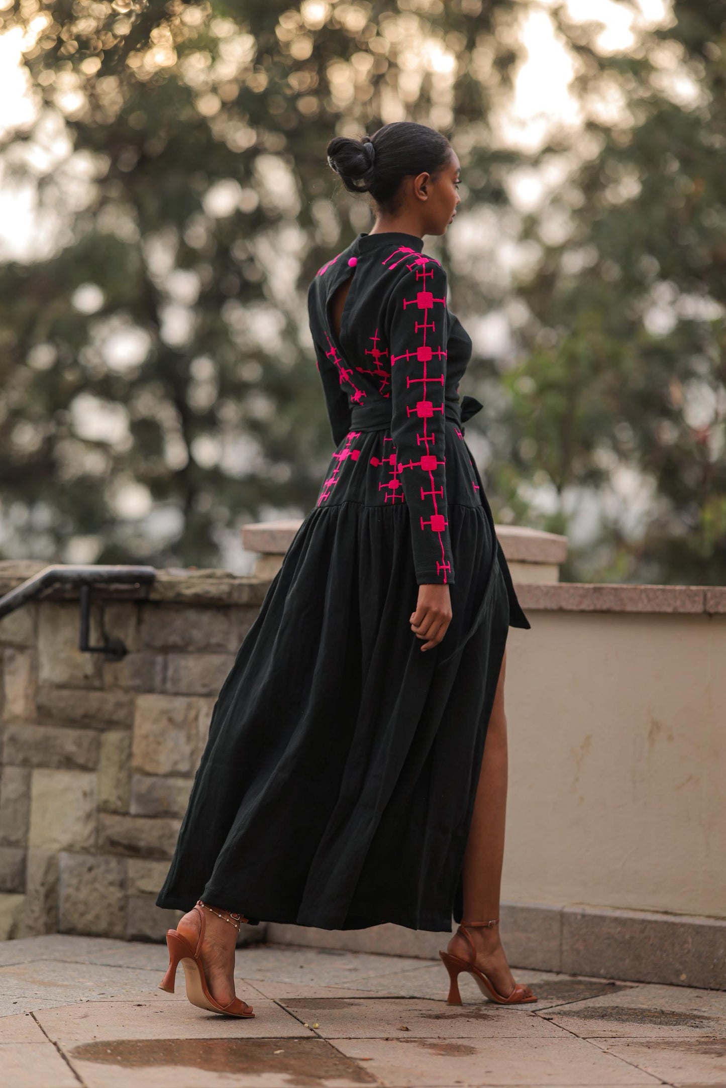 Modern Ethiopian Two-Piece Set – Skirt & Tie-Up Top with Black and Hot Pink Embroidery