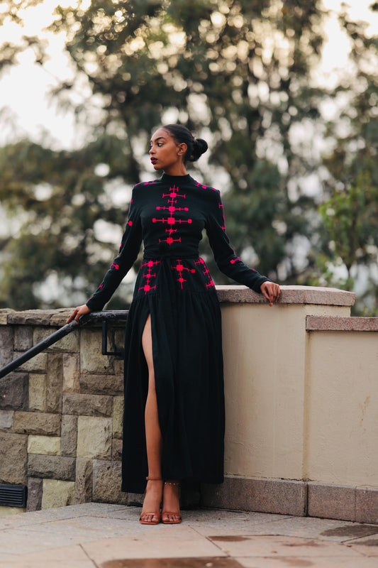 Modern Ethiopian Two-Piece Set – Skirt & Tie-Up Top with Black and Hot Pink Embroidery