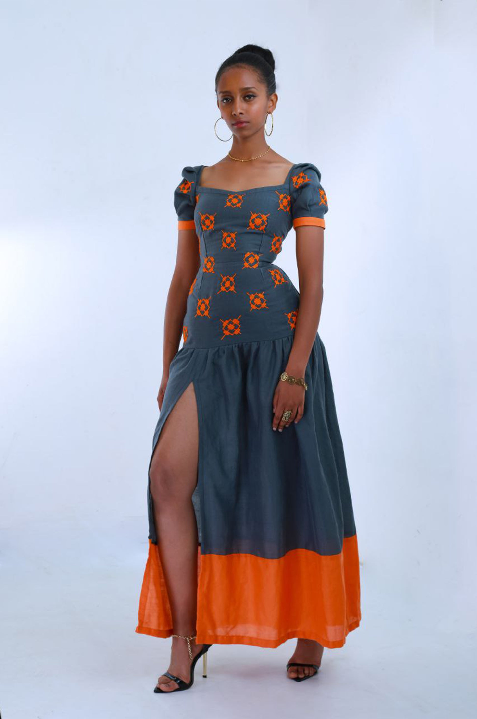 Orange Embroidery Elegant Habesha Dress,Ethiopian Culture L Orange Embroidery Elegant Habesha Dress,Ethiopian Culture L