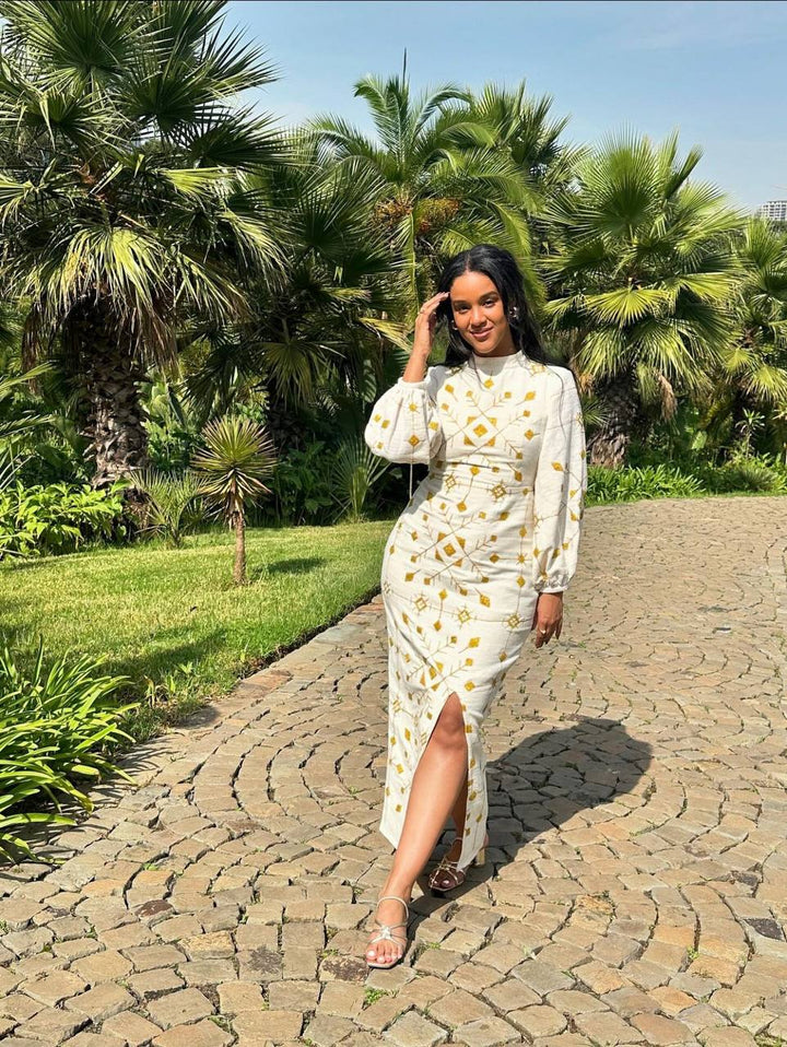 Blue Majesty: Golden Embroidery Slim Fit Ethiopian Dress