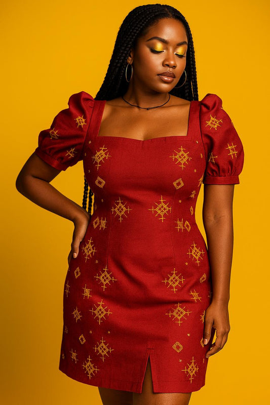 🔴 Crimson Grace: Golden Embroidery Slim Fit Ethiopian Dress