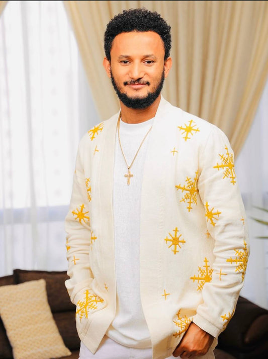 Men’s Full-Sleeve White Cotton Top with Gold Embroidery – Ethiopian Elegance | Modern Cultural Fashion