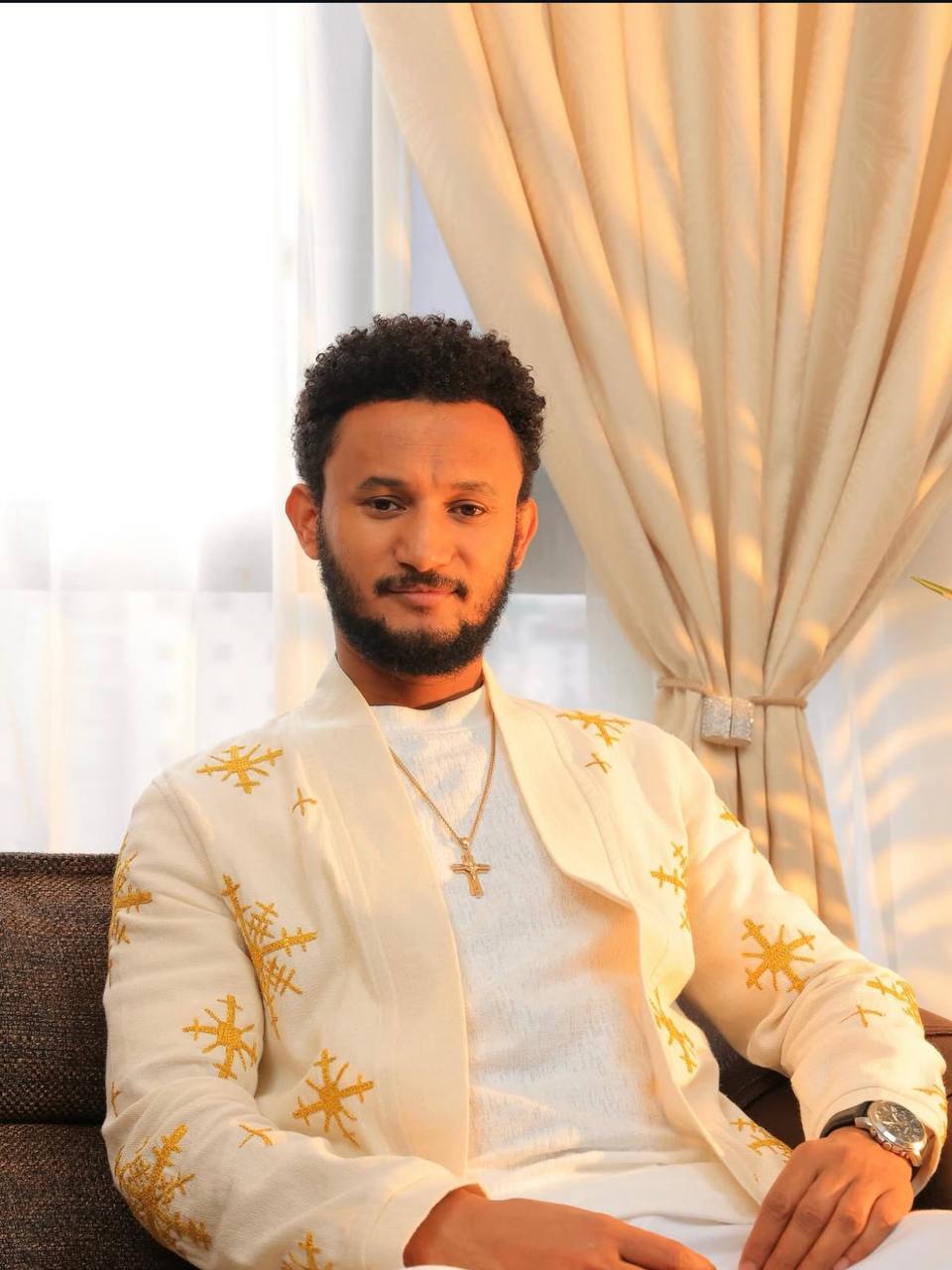 Men’s Full-Sleeve White Cotton Top with Gold Embroidery – Ethiopian Elegance | Modern Cultural Fashion