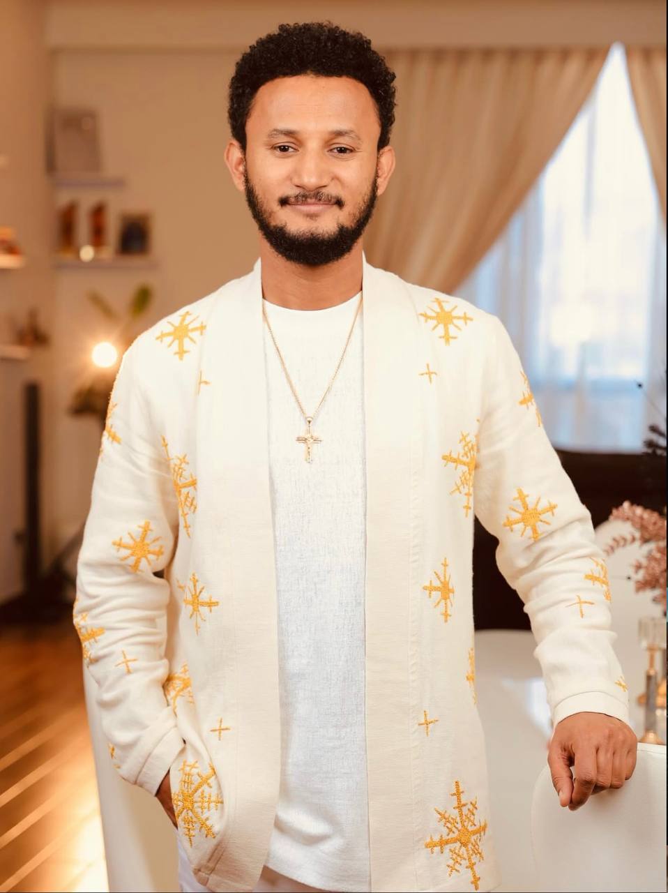 Men’s Full-Sleeve White Cotton Top with Gold Embroidery – Ethiopian Elegance | Modern Cultural Fashion