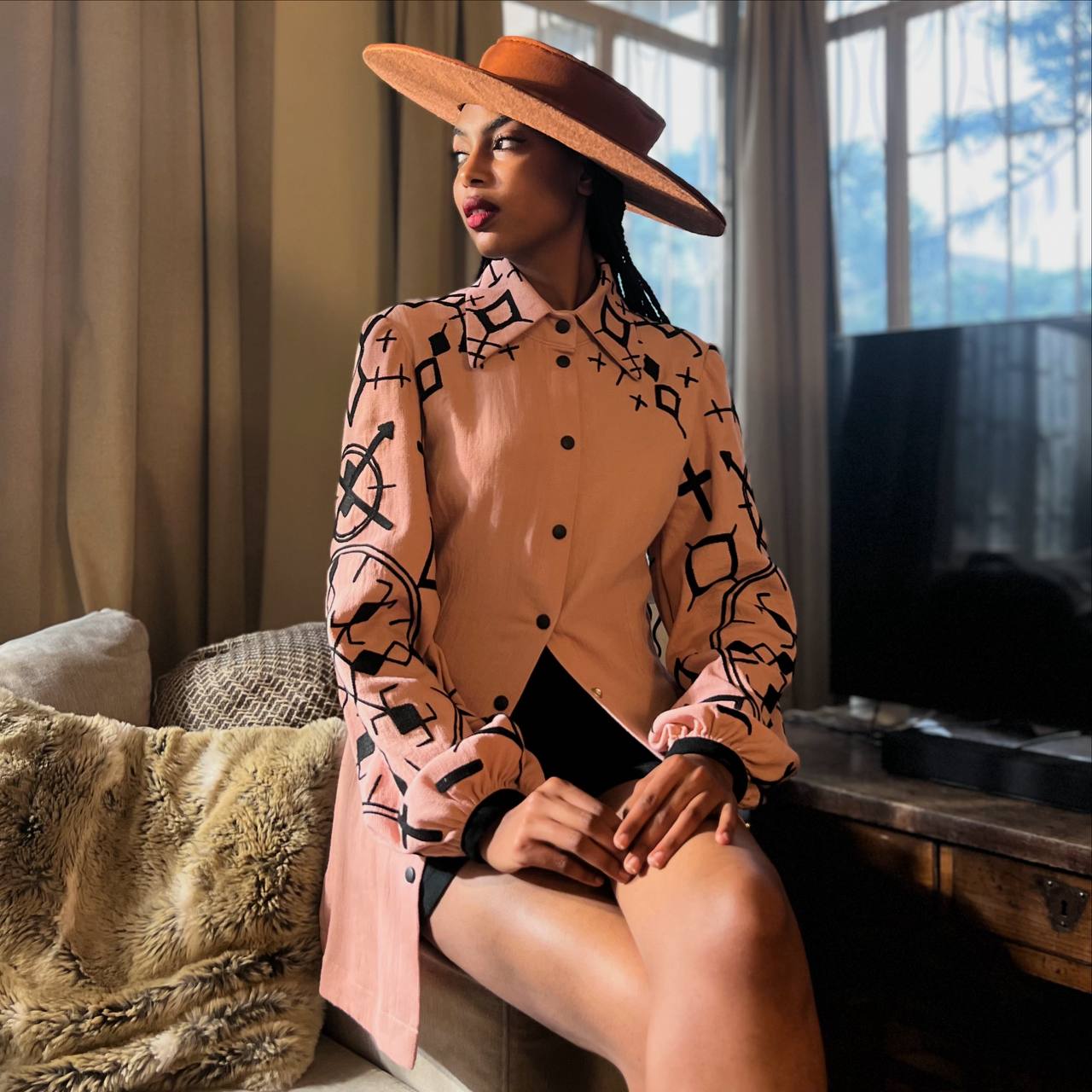 Tirita ትርታ Dust Pink Long Shirt with Black Embroidery