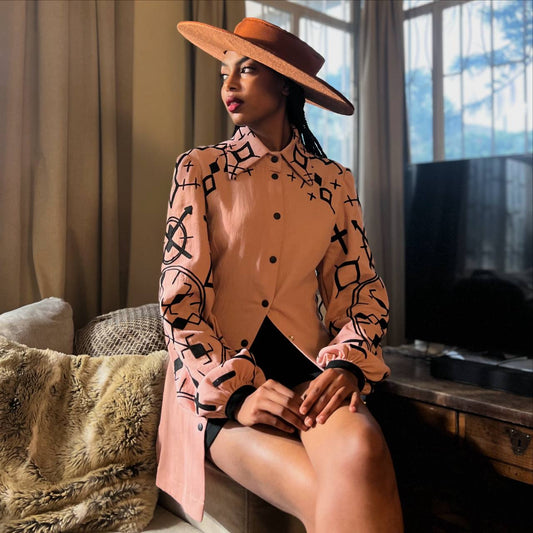 Tirita ትርታ Dust Pink Long Shirt with Black Embroidery