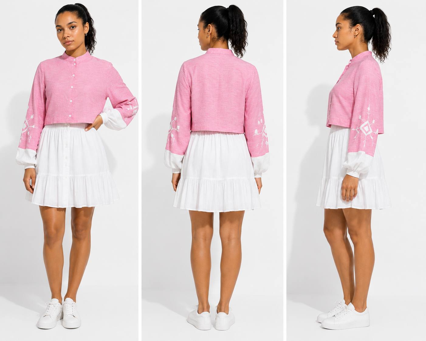 Addis Blossom Embroidery Ethiopian traditional handwoven fabric Crop Top & Skirt Set | Ethiopian Cotton