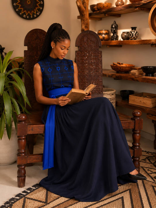 LOGA Full Dress with Blue Embroidered Elegant Dress, Ethiopian cotton, Habesha Kemis