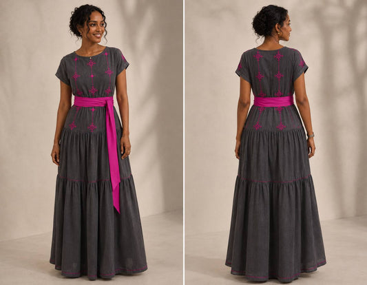 Majestic Grace : Elegant Gray Ethiopian Dress with Regal Purple Embroidery and Belt