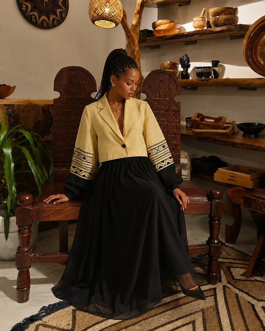 THE WUHA Women’s Yellow Crop Coat with Black Embroidery – Handwoven Ethiopian Elegance