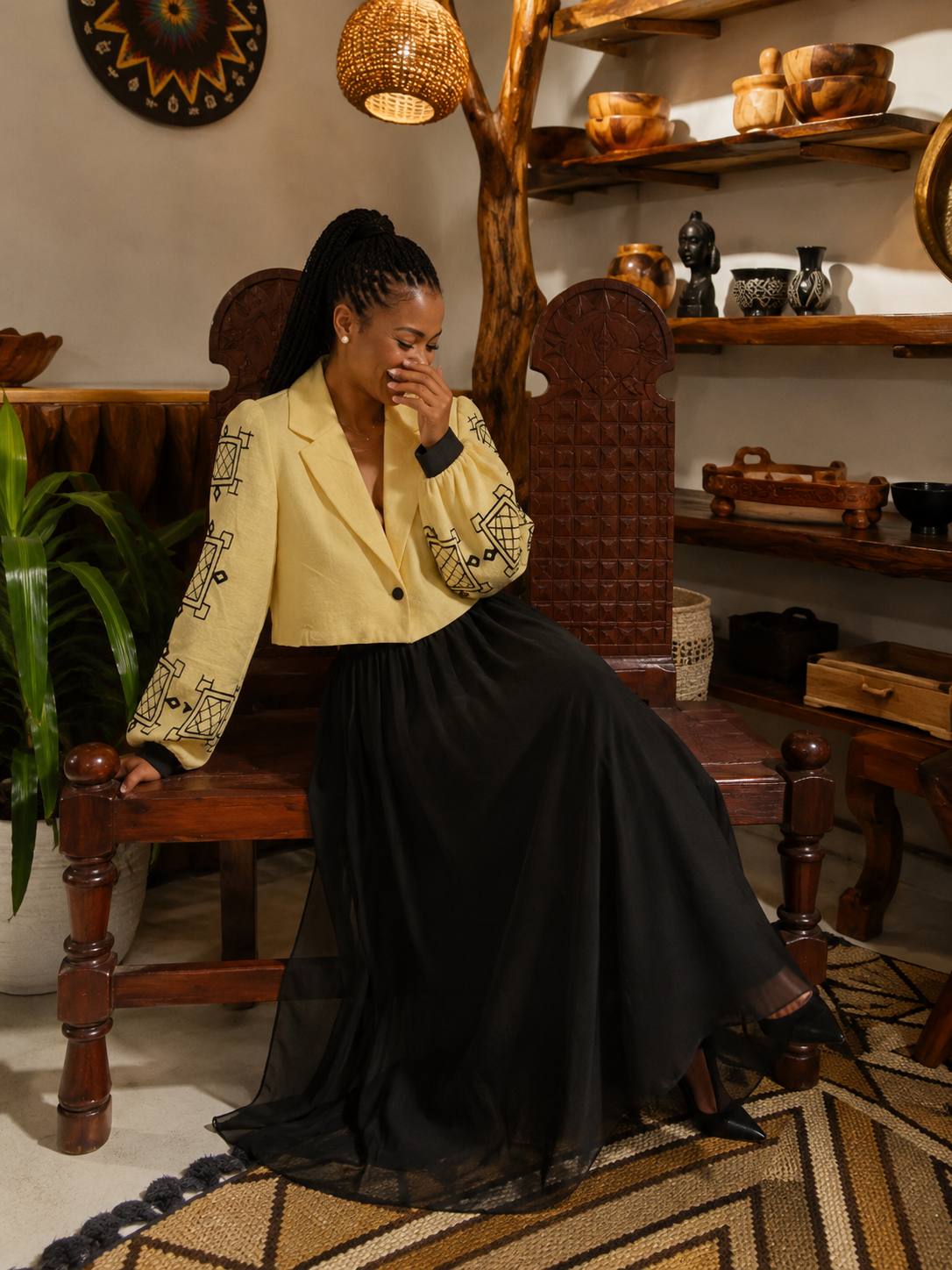 THE WUHA Women’s Yellow Crop Coat with Black Embroidery – Handwoven Ethiopian Elegance