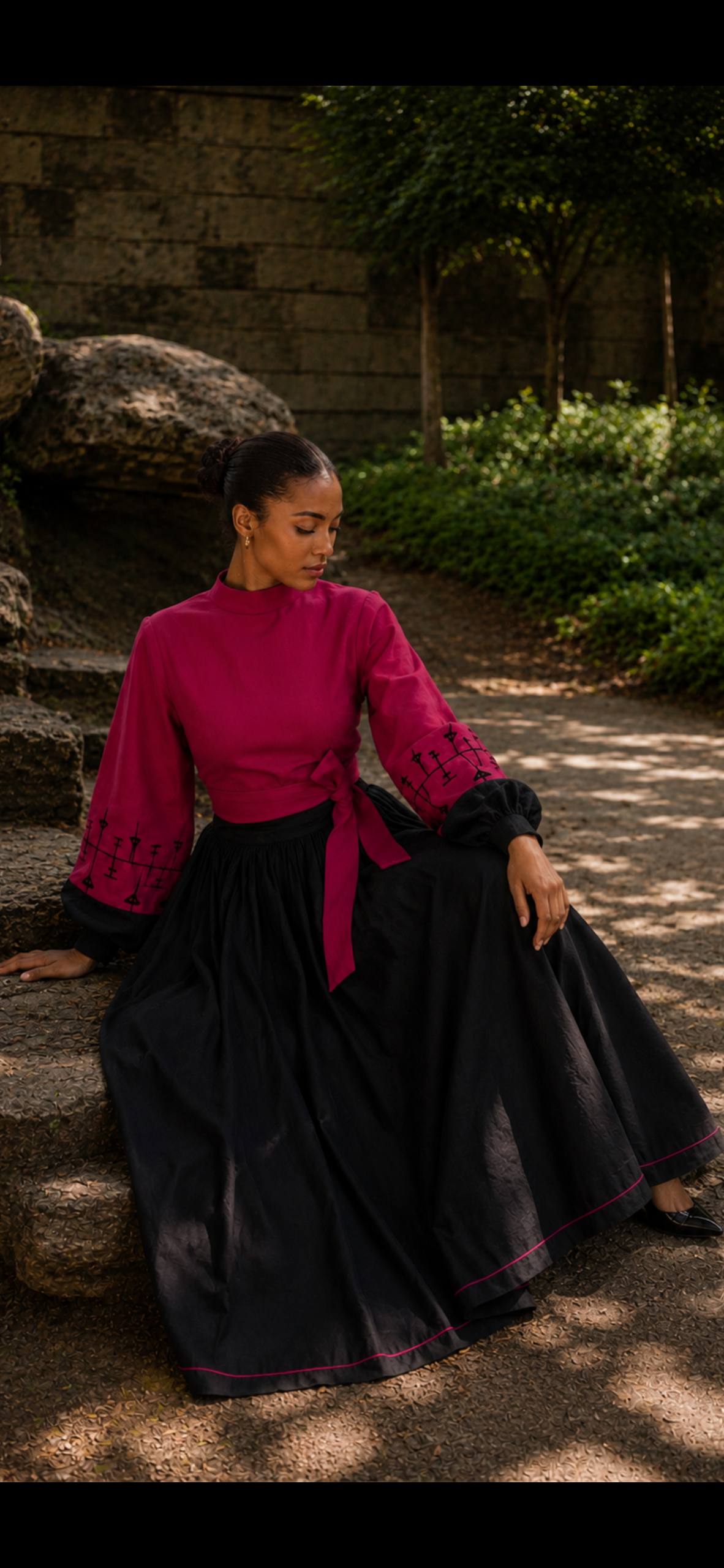 Nigist – Women's Purple Embroidered Top & Black Skirt Royal Ethiopian Outfit | Custom Colors Available