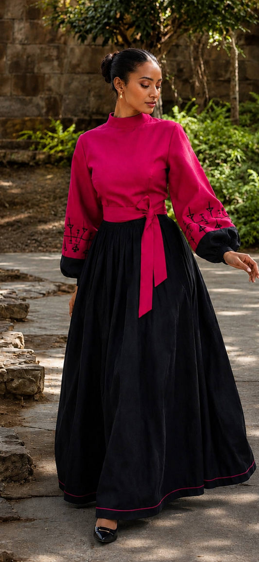 Nigist – Women's Purple Embroidered Top & Black Skirt Royal Ethiopian Outfit | Custom Colors Available