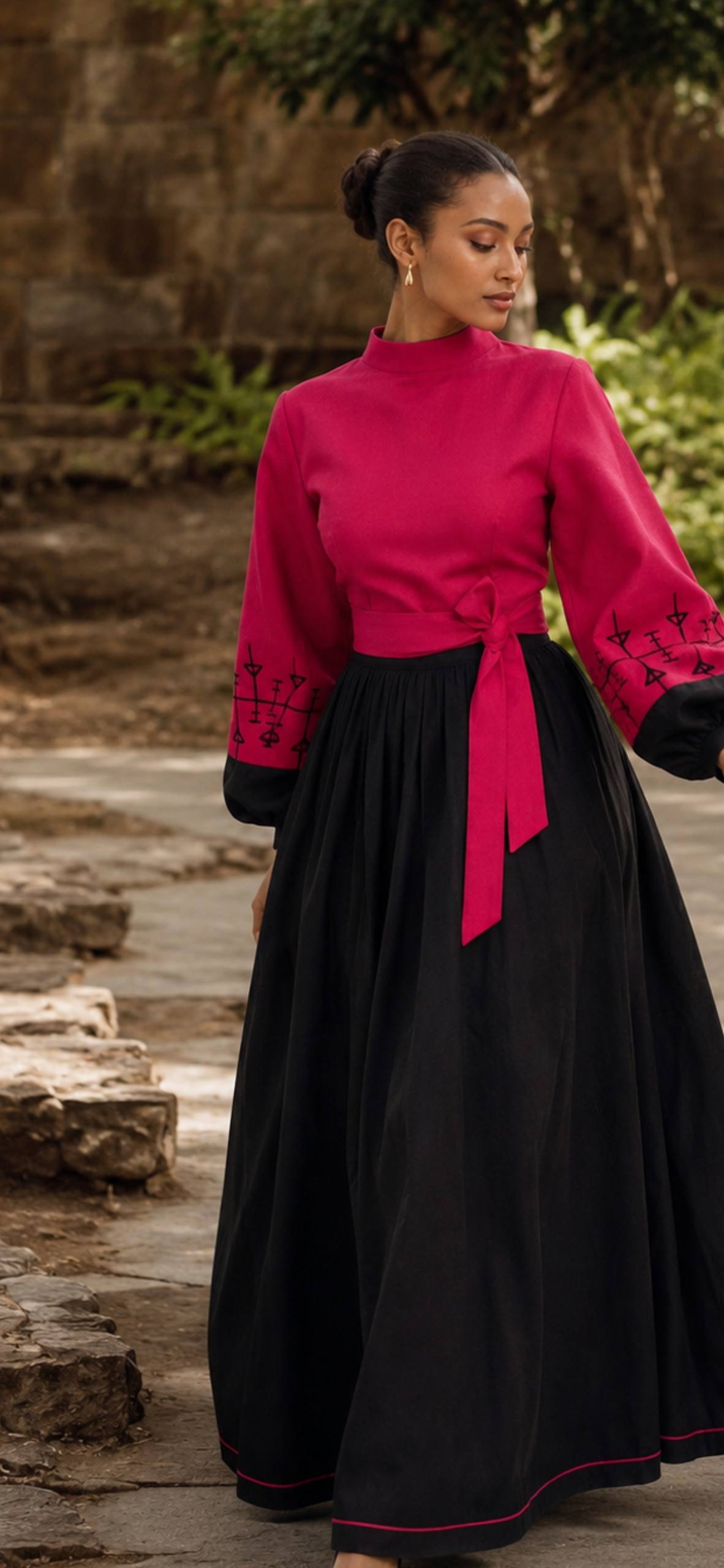Nigist – Women's Purple Embroidered Top & Black Skirt Royal Ethiopian Outfit | Custom Colors Available