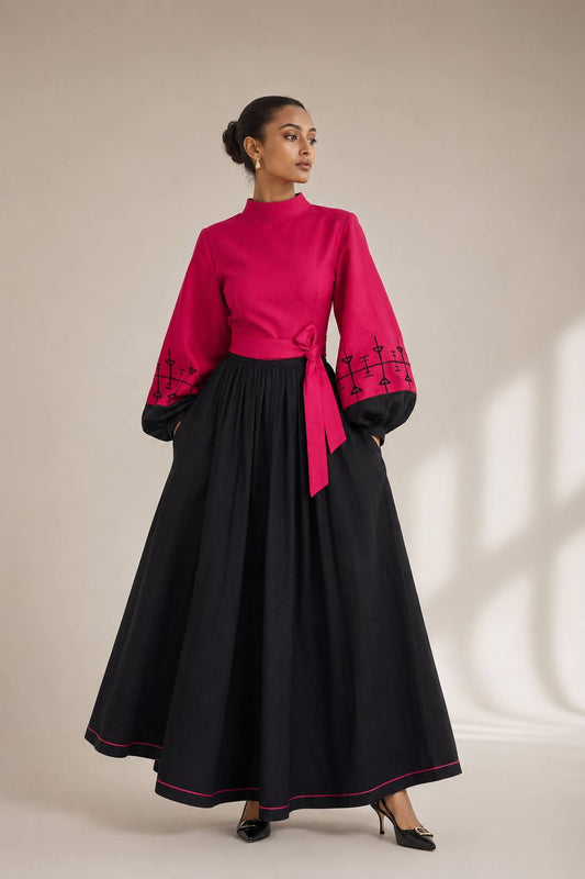 Nigist – Women's Purple Embroidered Top & Black Skirt Royal Ethiopian Outfit | Custom Colors Available