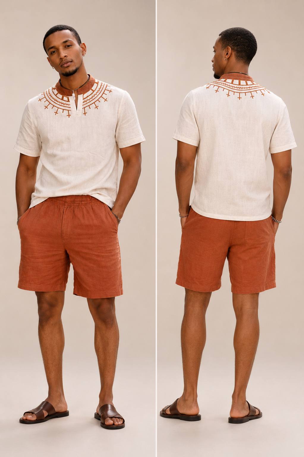 Men’s Brown Embroidery Ethiopian Shirt & Shorts Set – Modern Cultural Wear