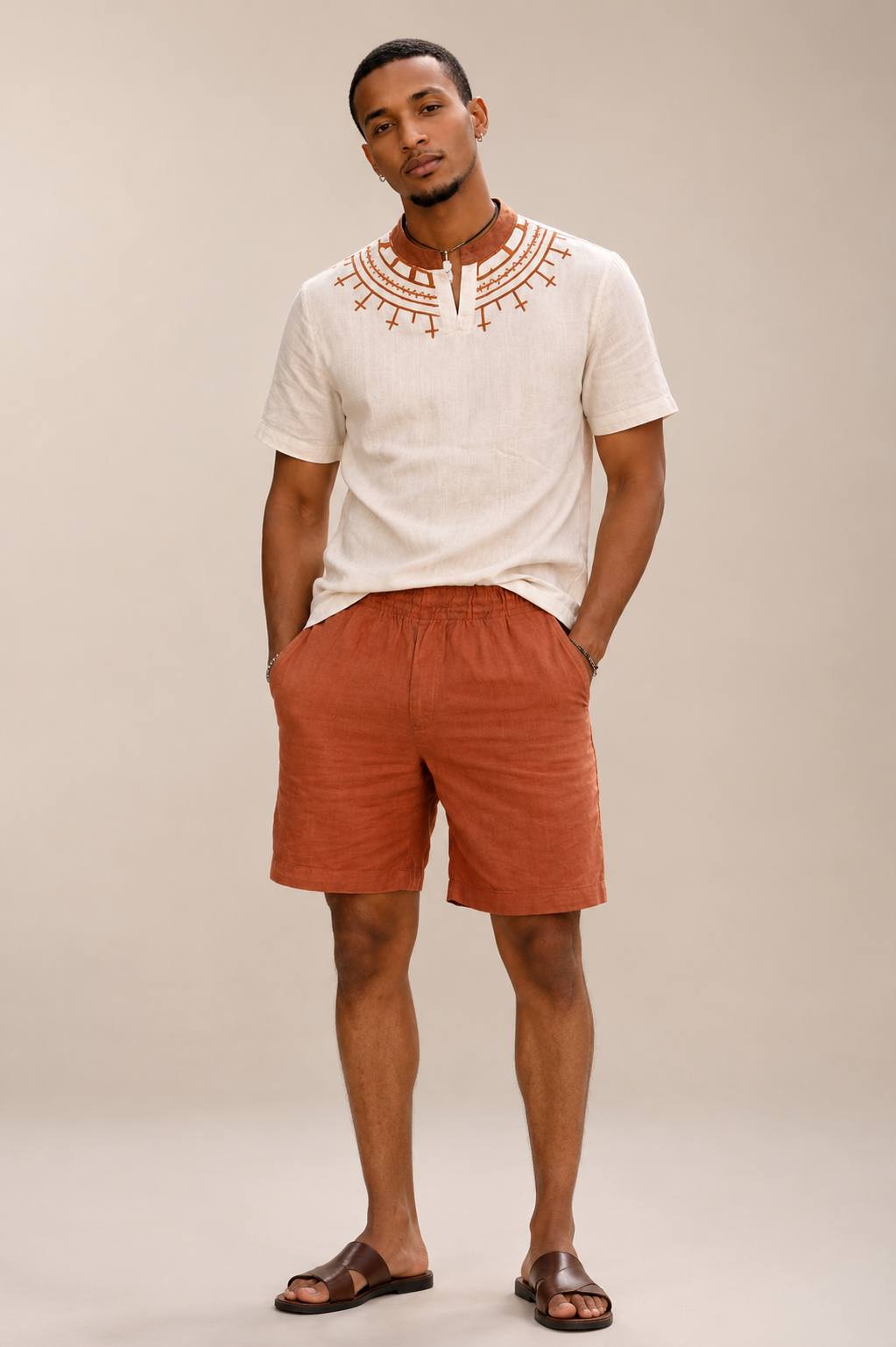 Men’s Brown Embroidery Ethiopian Shirt & Shorts Set – Modern Cultural Wear