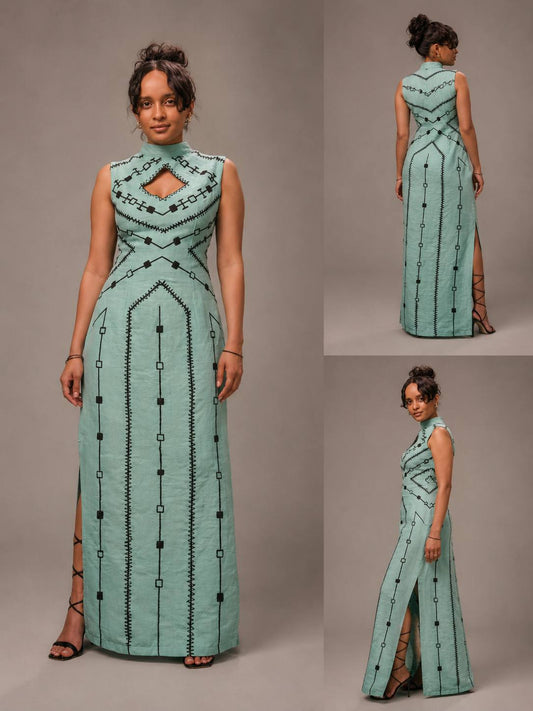 Turquoise & Black Embroidered Slim Fit Dress