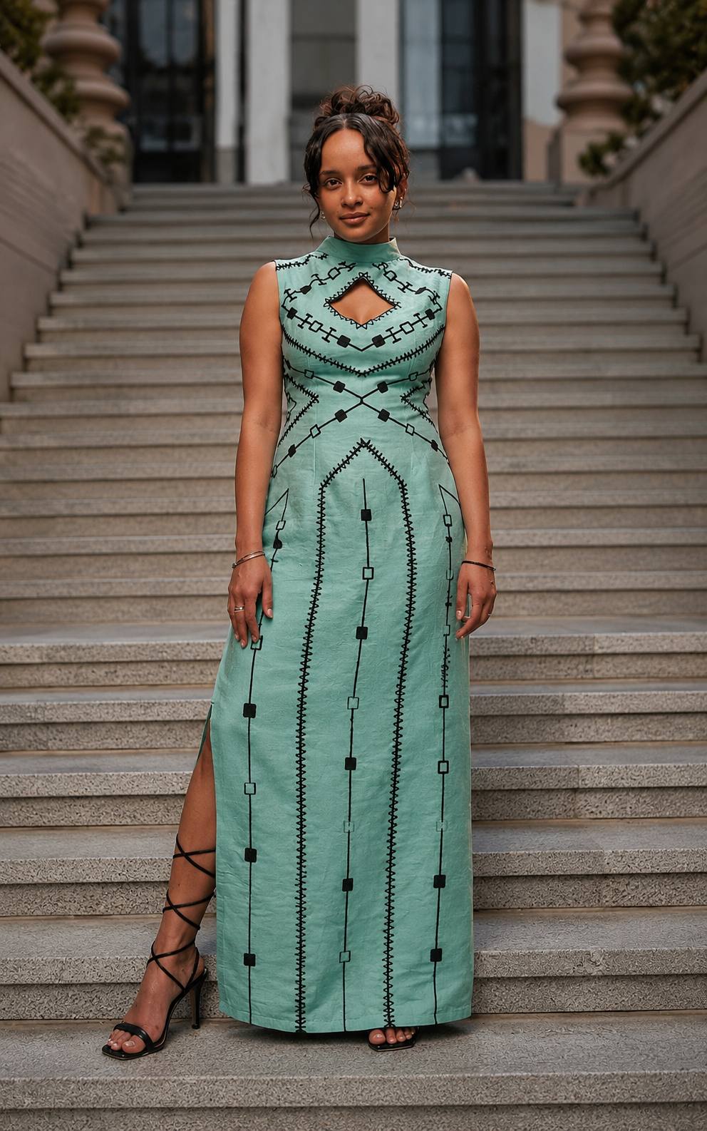 Turquoise & Black Embroidered Slim Fit Dress