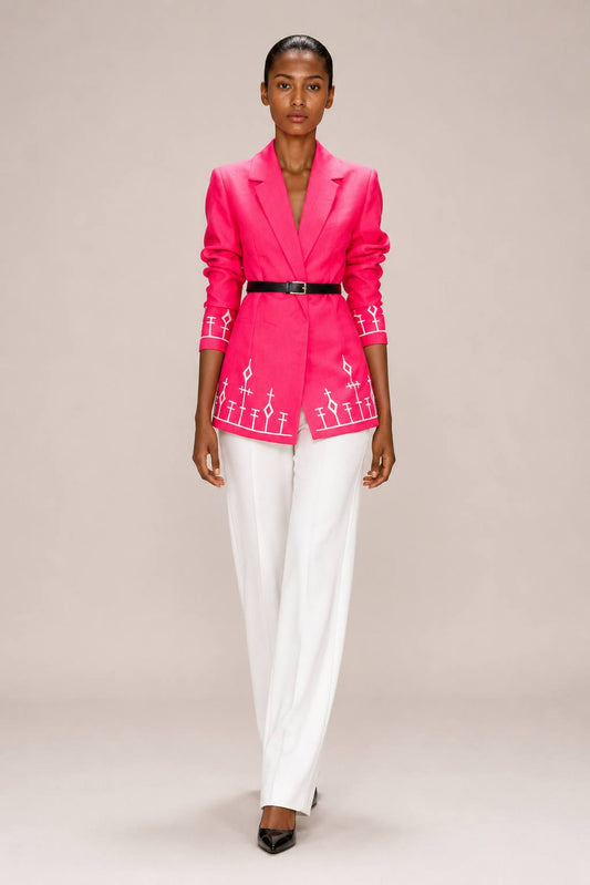 Tsion – Women's Pink Coat with White Embroidery | Ethiopian Fashion Coat &amp; Custom Colors Available