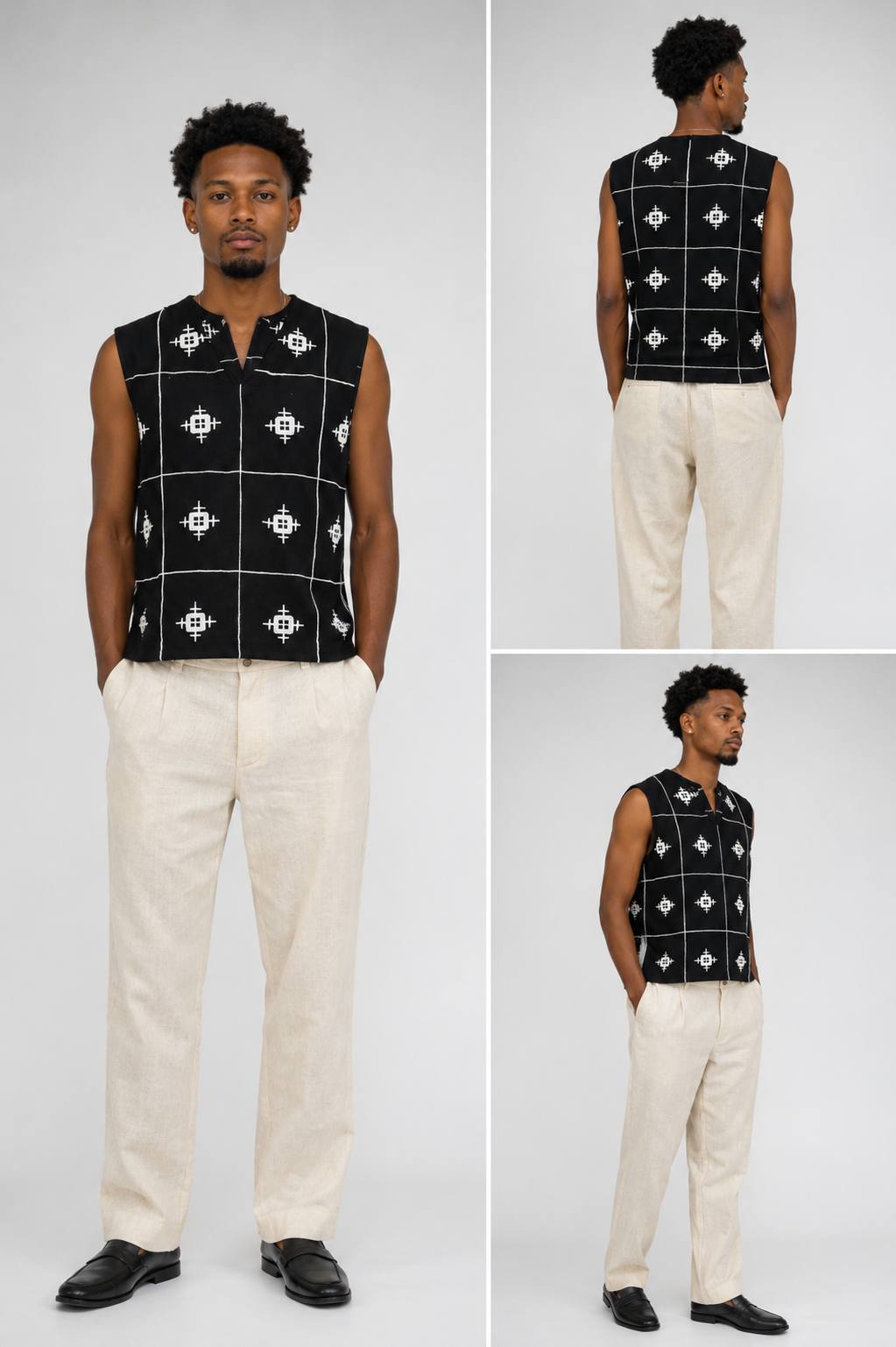 Men’s Sleeveless Ethiopian Shirt &amp; Trouser Set with Traditional Embroidery – Modern Cultural Wear