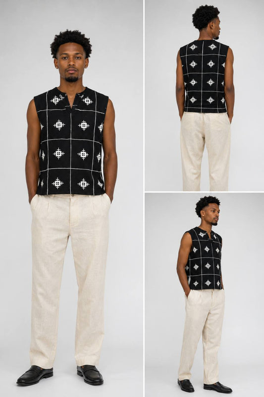 Men’s Sleeveless Ethiopian Shirt &amp; Trouser Set with Traditional Embroidery – Modern Cultural Wear