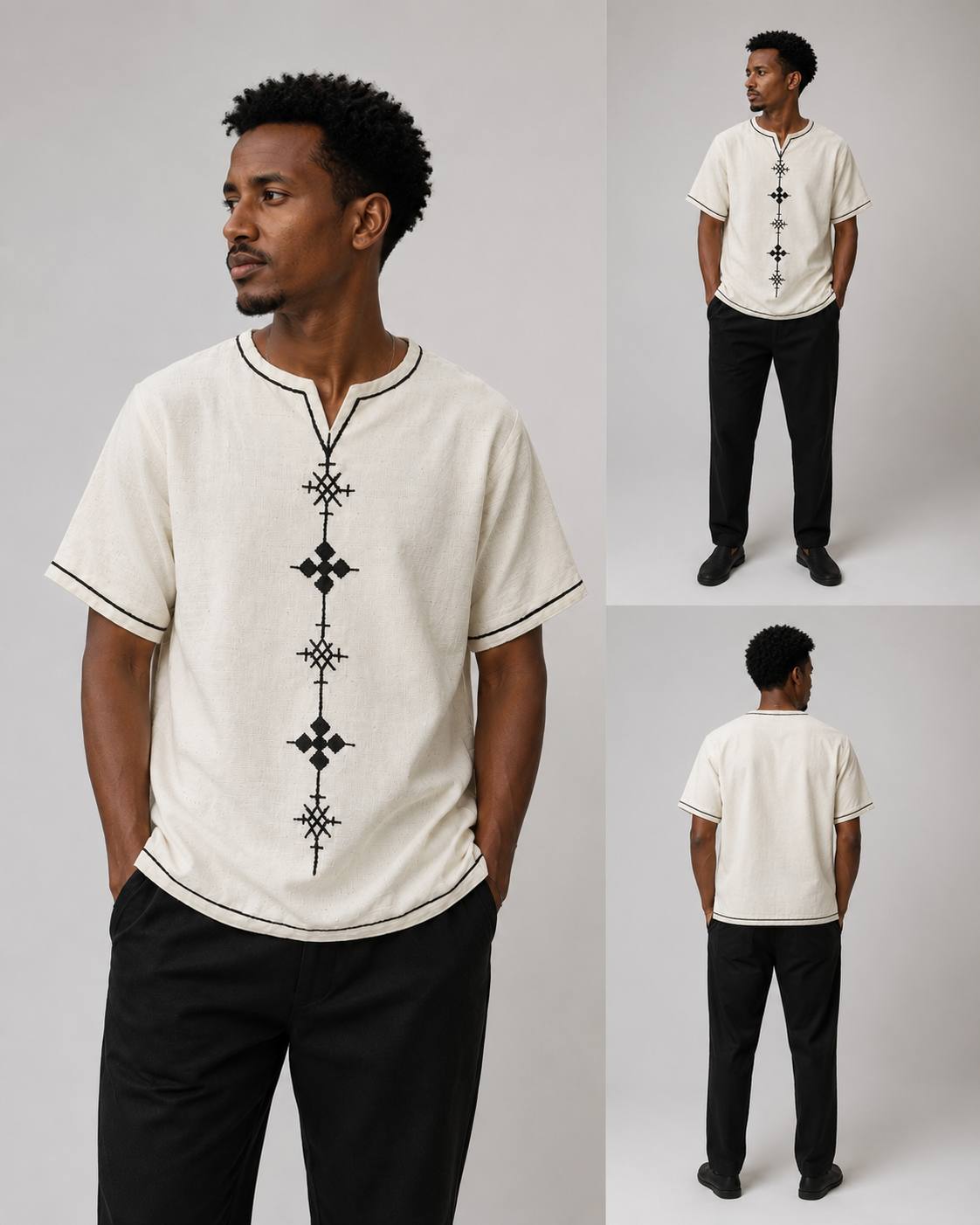 Men's White Short Sleeve Shirt with Black Cross Embroidery