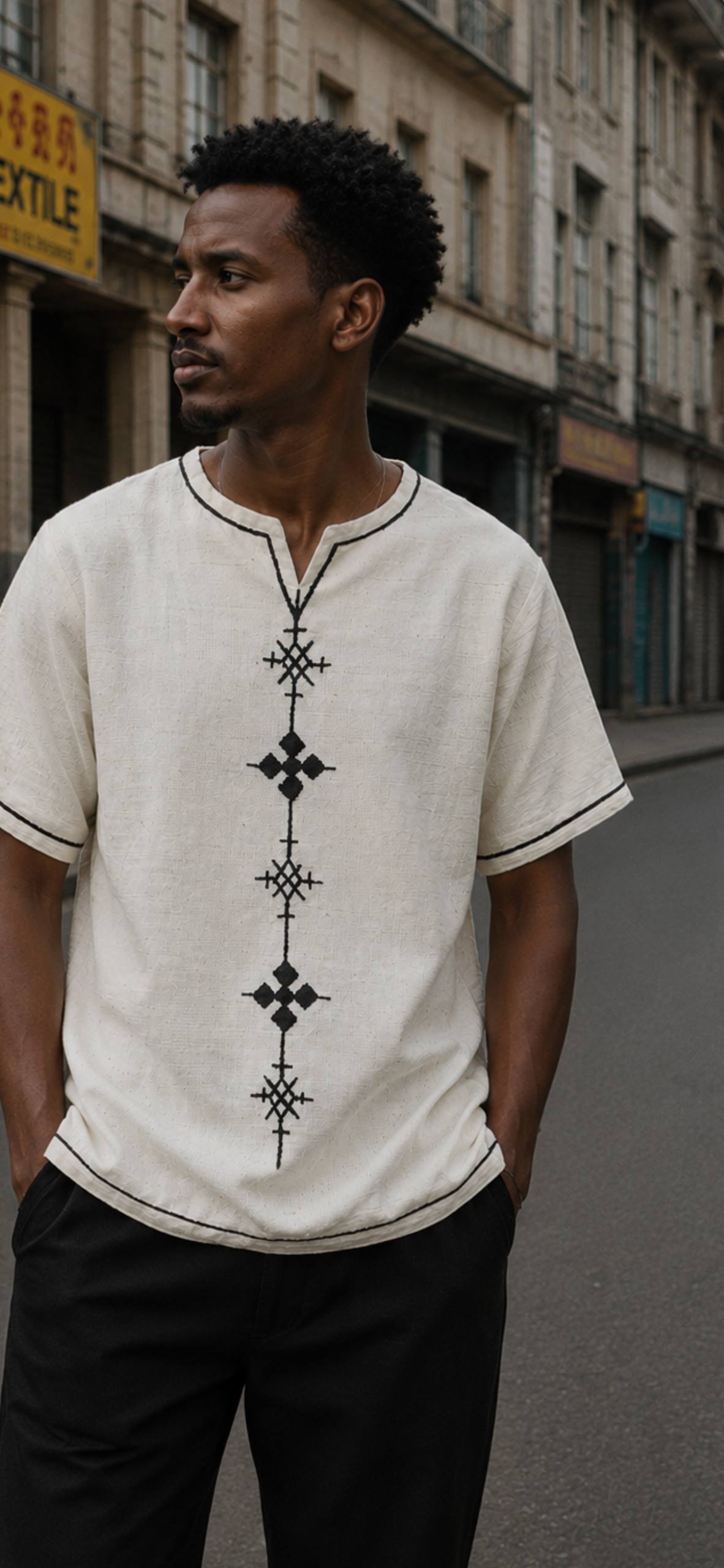 Men's White Short Sleeve Shirt with Black Cross Embroidery